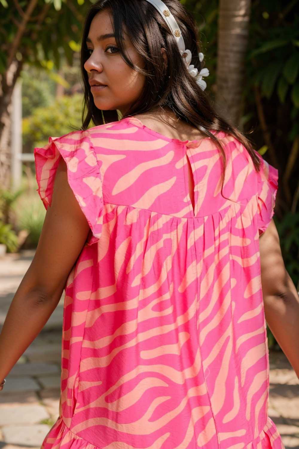 sloping shoulder ruffle print dress 107565
