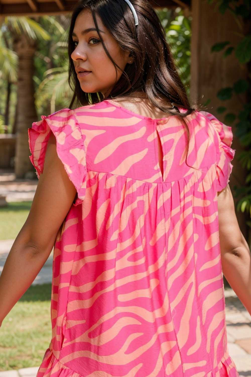 sloping shoulder ruffle print dress 107562