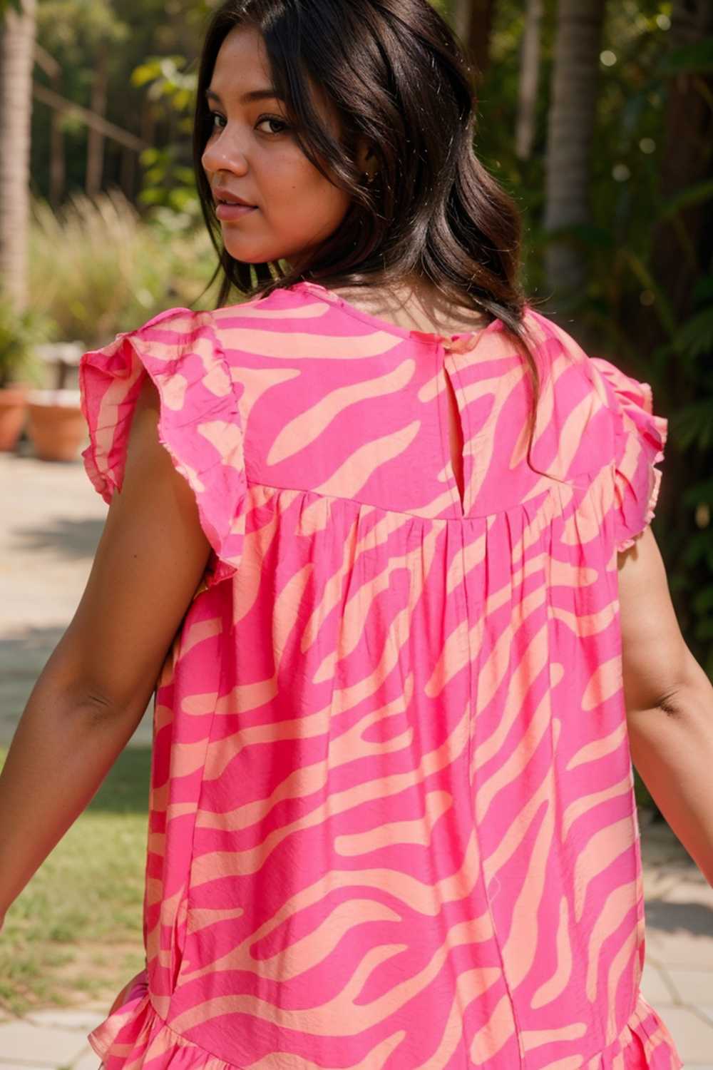 sloping shoulder ruffle print dress 112660