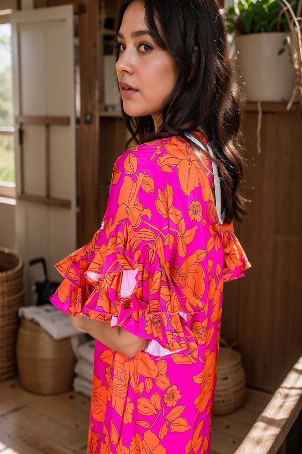 sloping shoulder ruffle print dress 107547