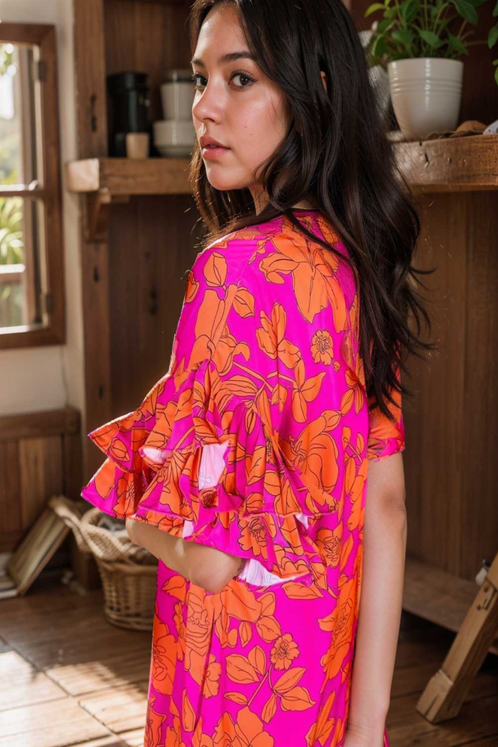 sloping shoulder ruffle print dress 112654