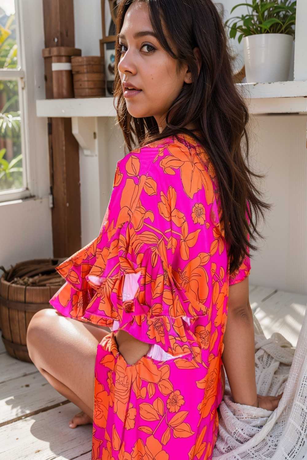 sloping shoulder ruffle print dress 107546