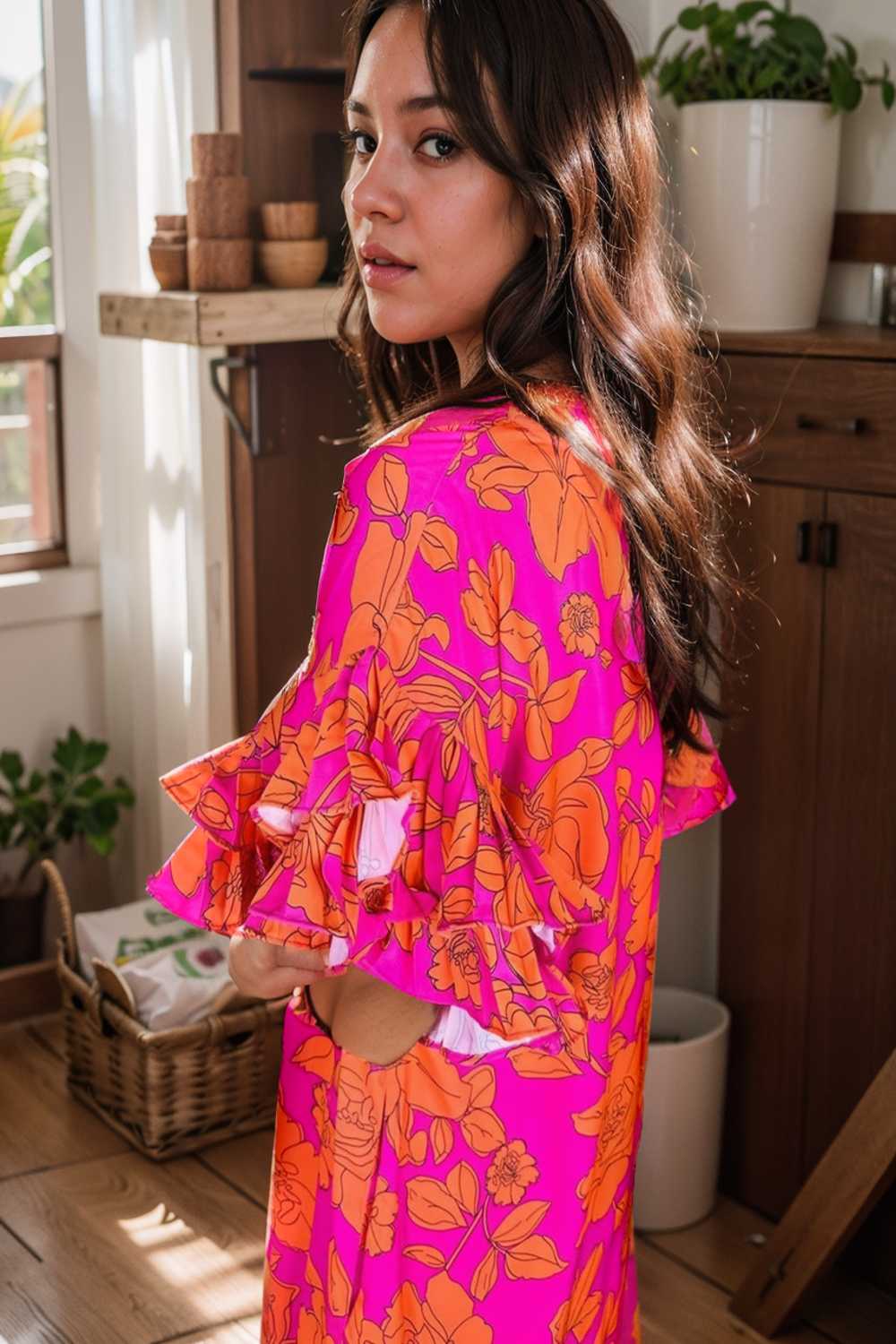 sloping shoulder ruffle print dress 112653