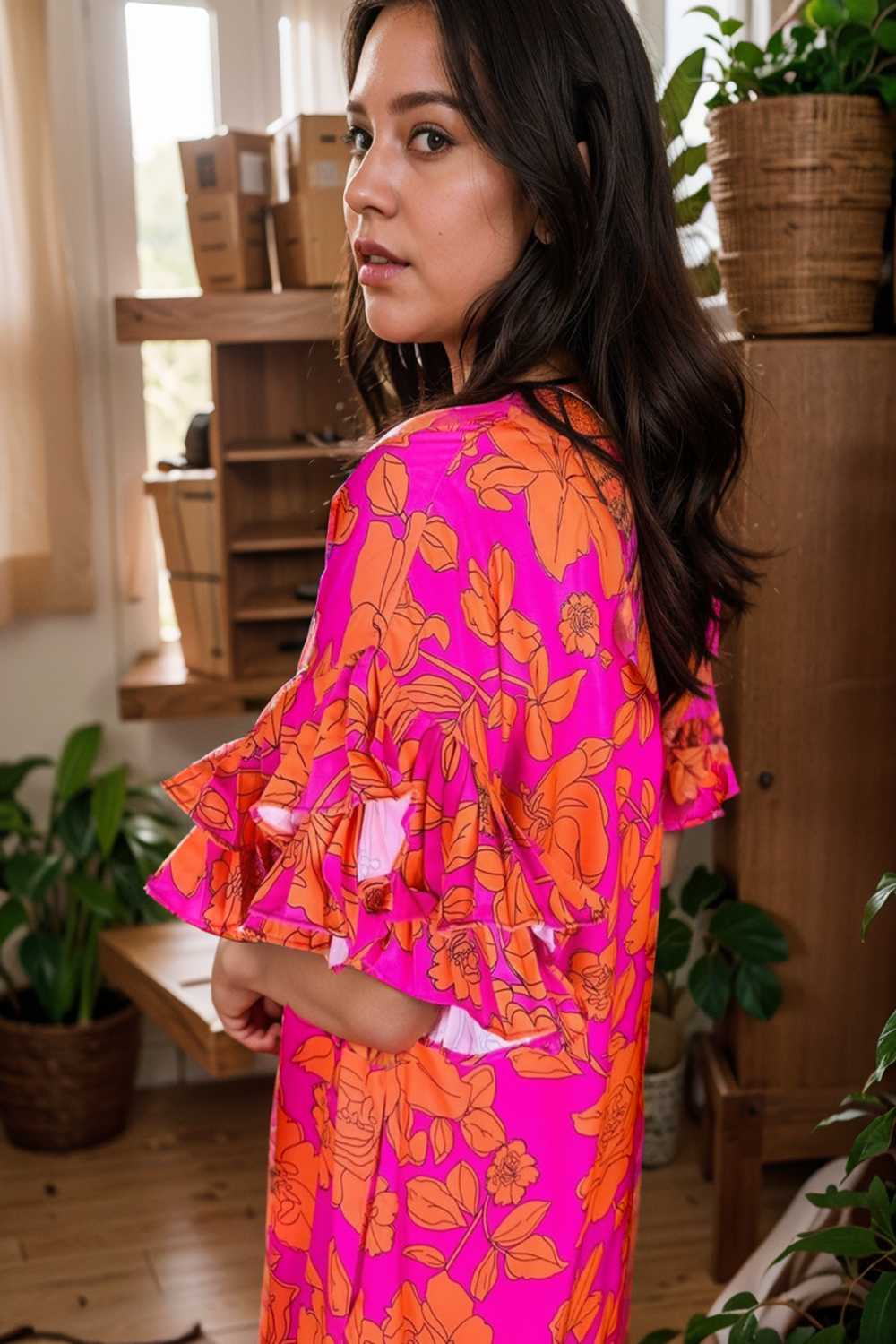 sloping shoulder ruffle print dress 107543