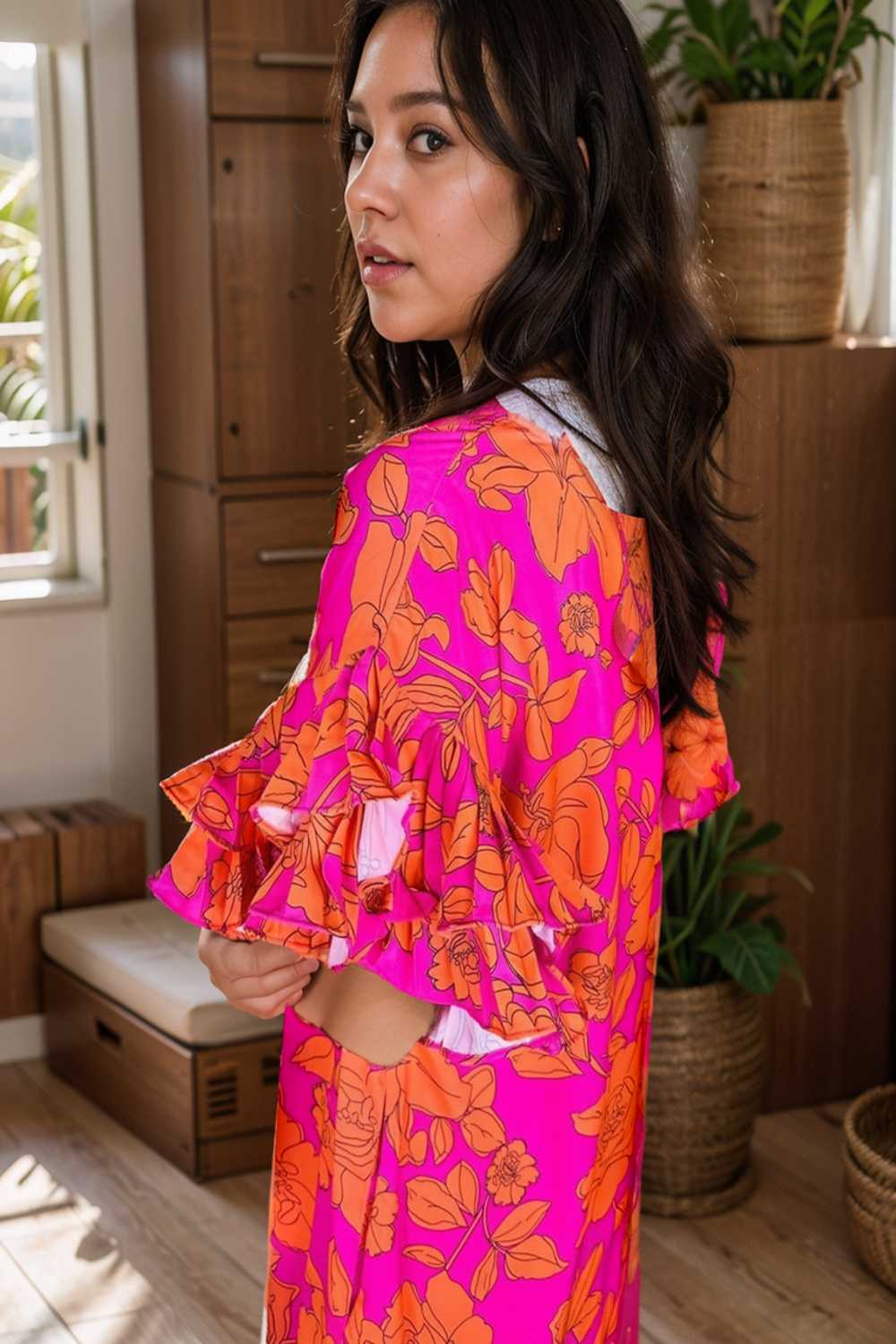 sloping shoulder ruffle print dress 107542