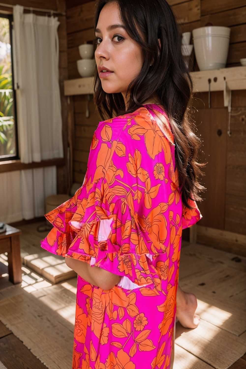 sloping shoulder ruffle print dress 107537