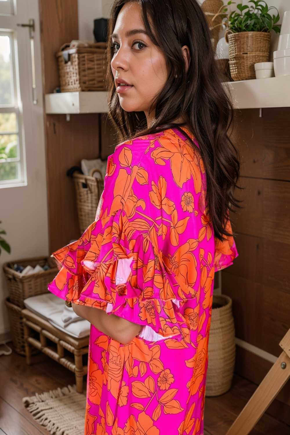 sloping shoulder ruffle print dress 107534
