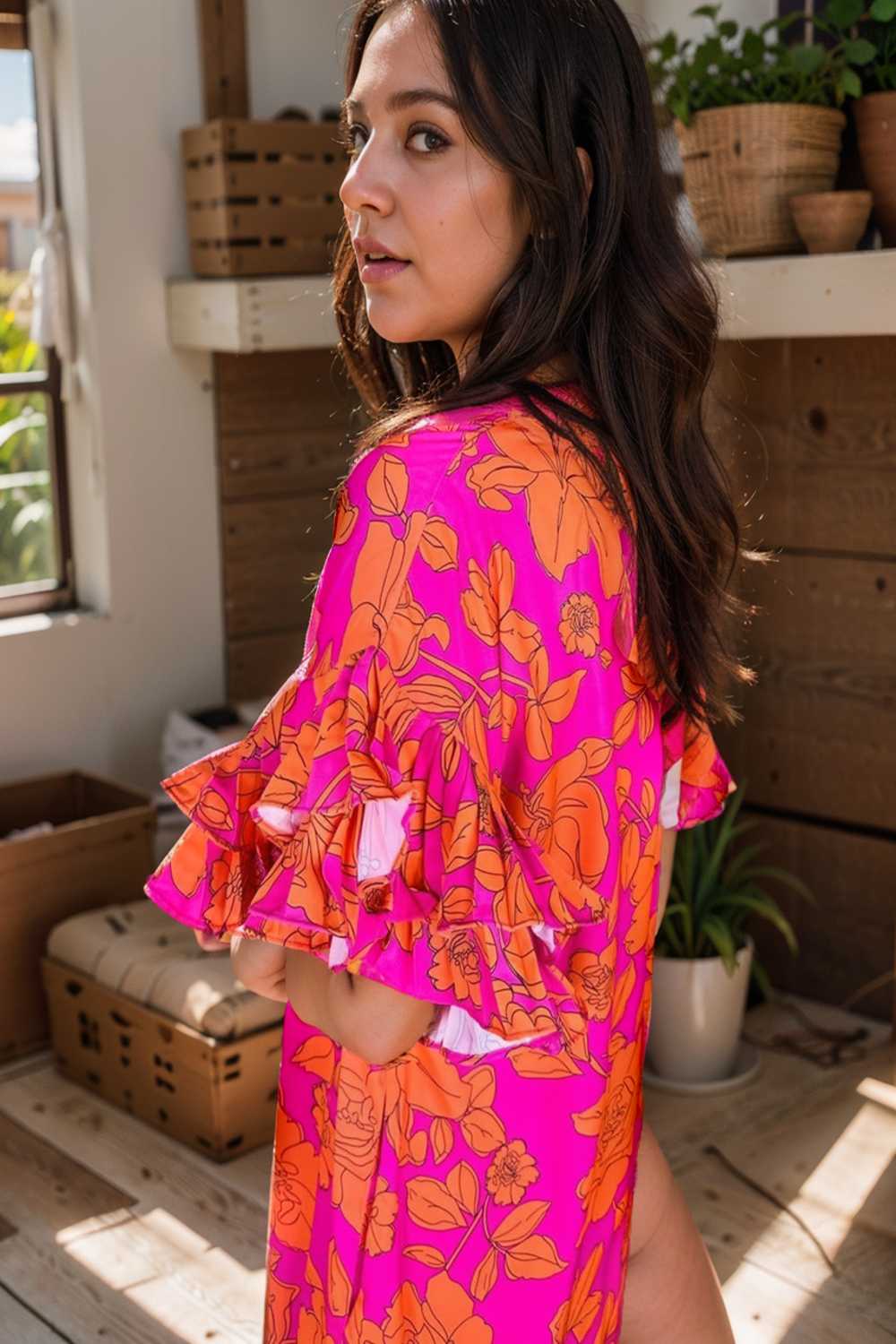 sloping shoulder ruffle print dress 107533