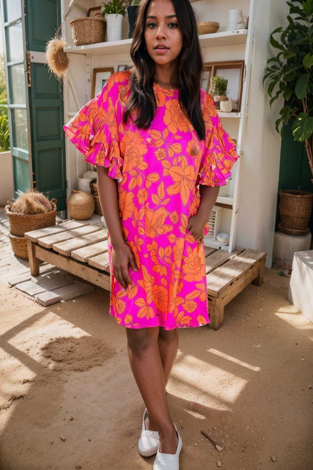 sloping shoulder ruffle print dress 112646