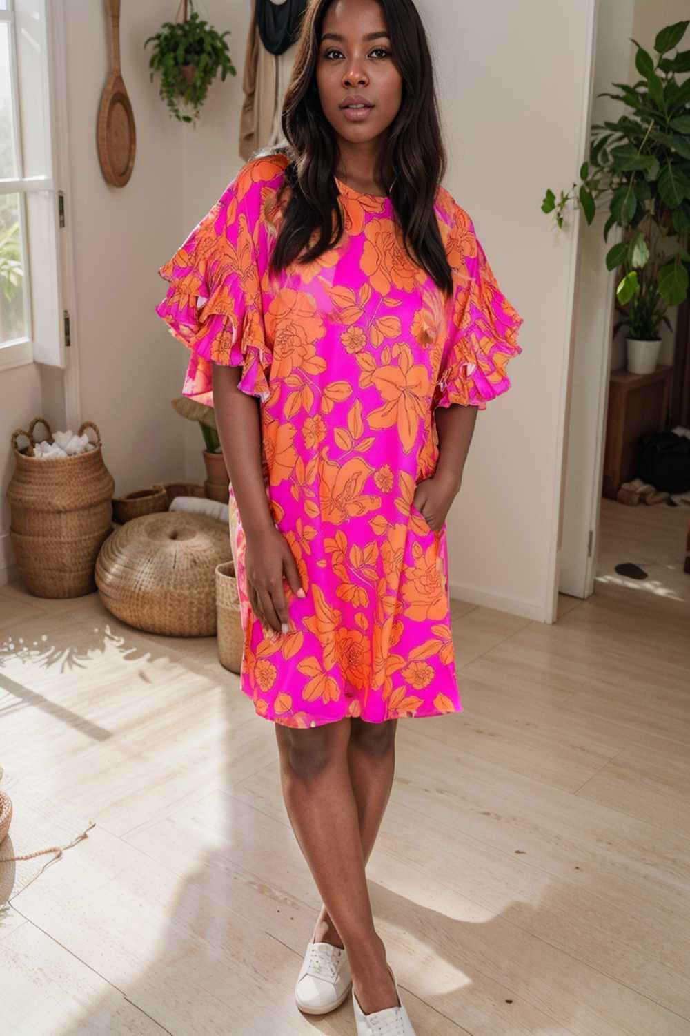 sloping shoulder ruffle print dress 107524