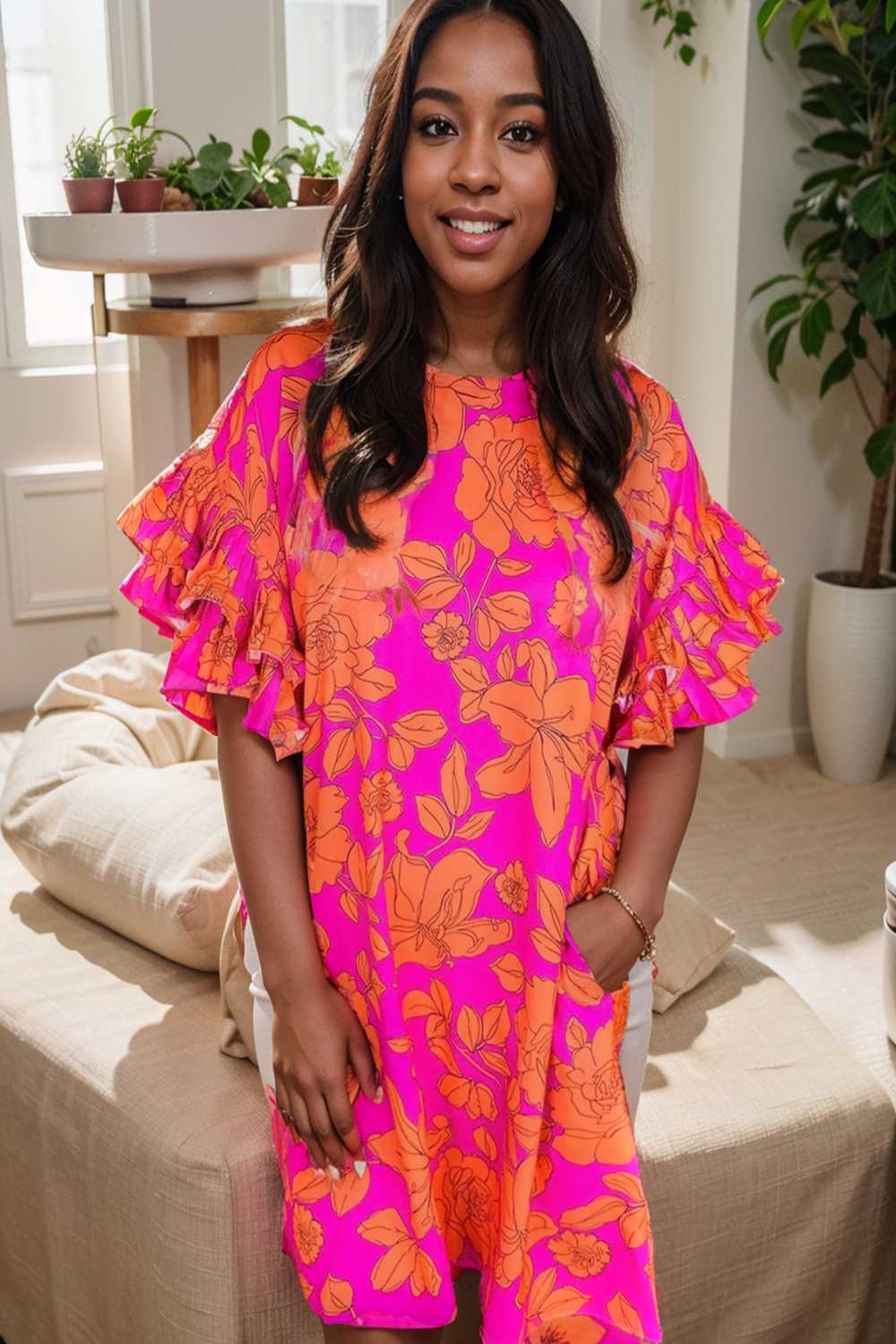 sloping shoulder ruffle print dress 112302