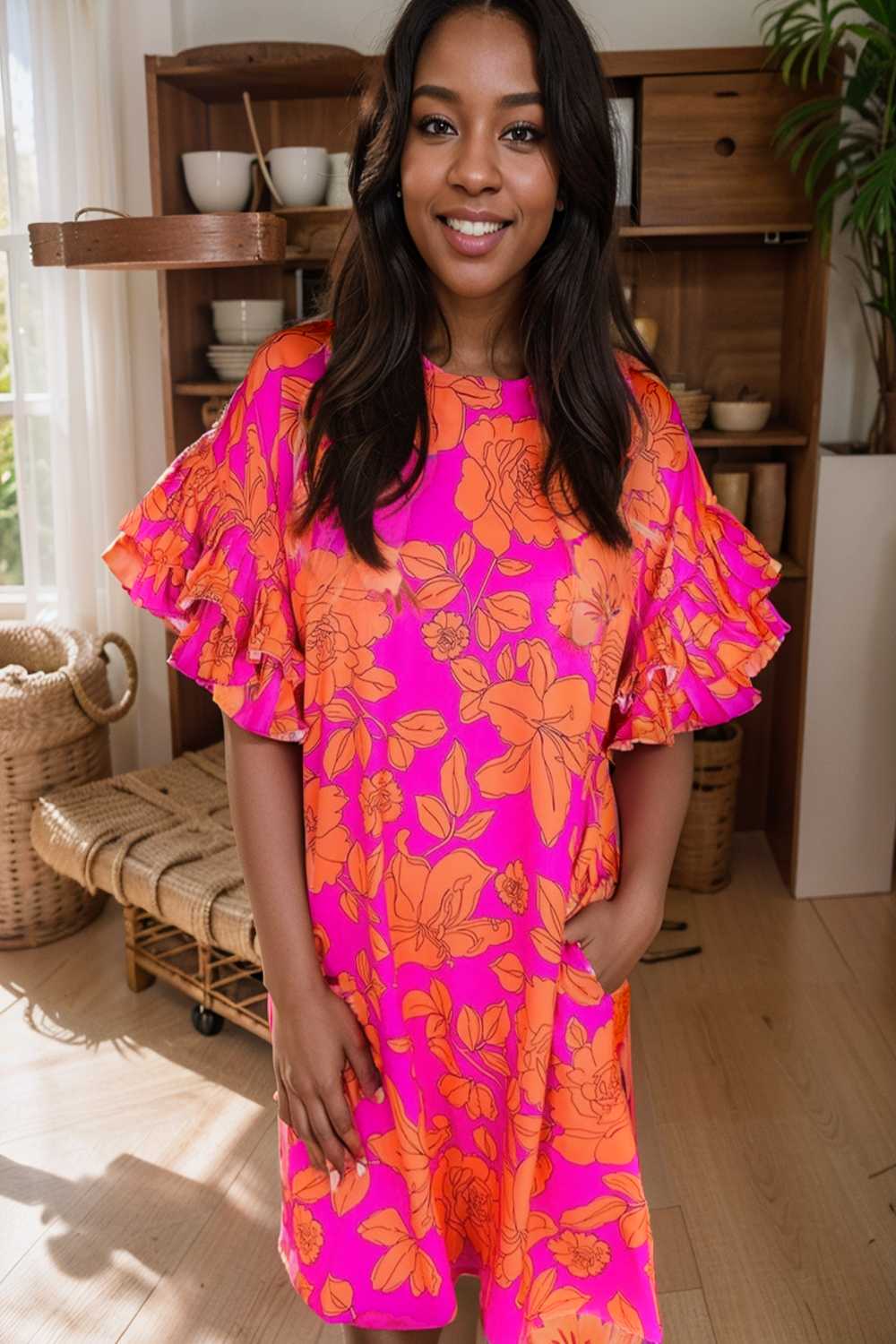 sloping shoulder ruffle print dress 112300