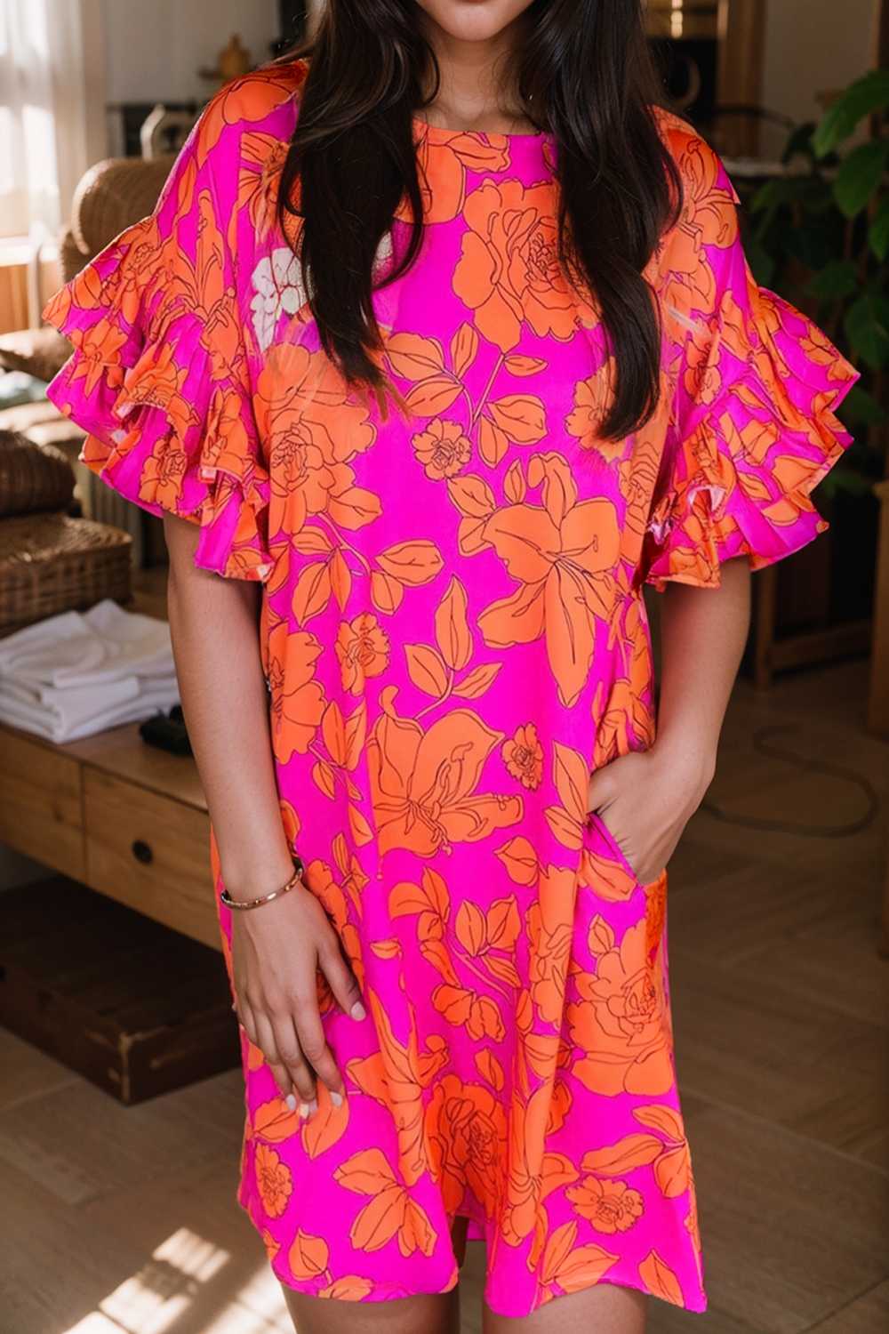 sloping shoulder ruffle print dress 112284