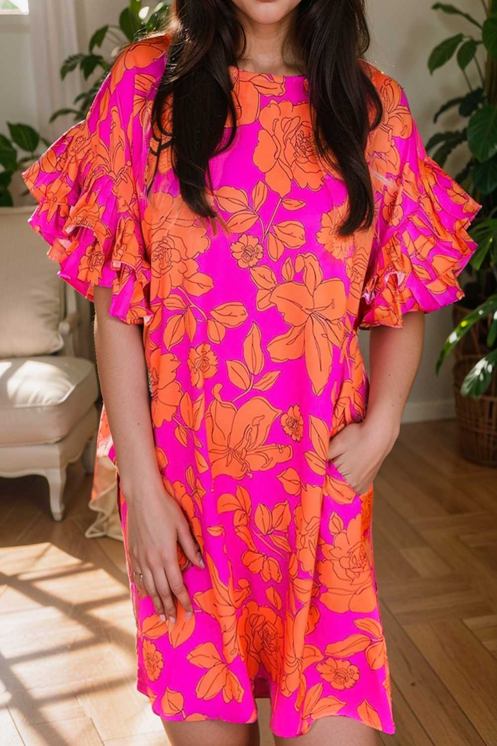 sloping shoulder ruffle print dress 112282