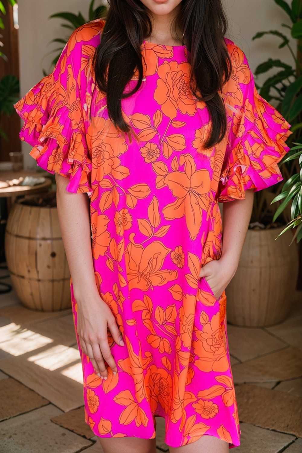 sloping shoulder ruffle print dress 112277