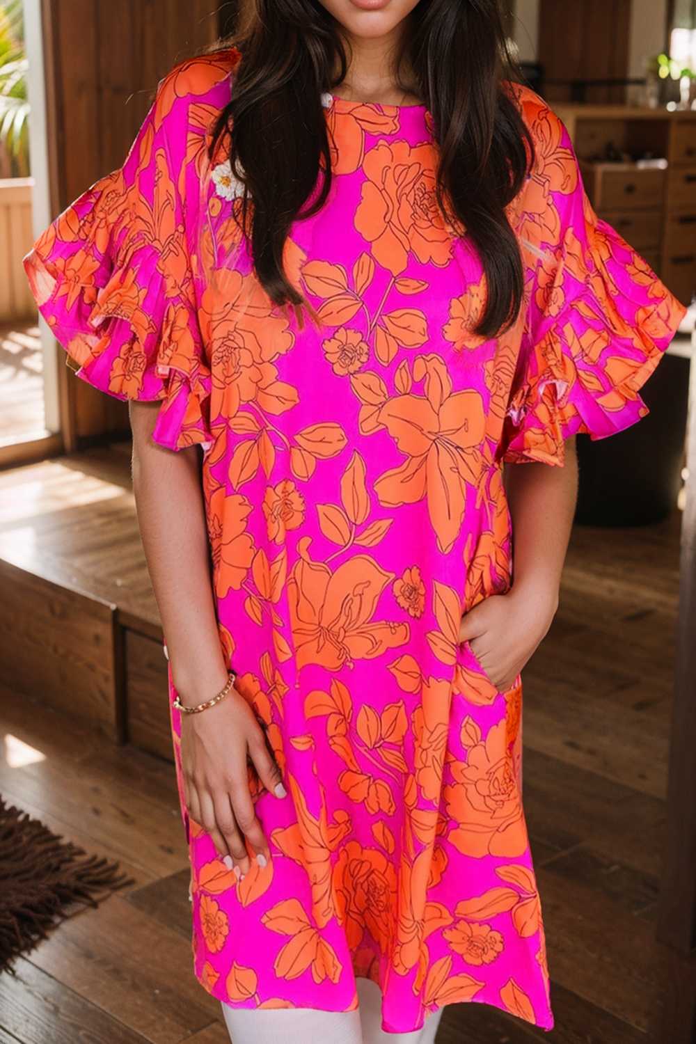 sloping shoulder ruffle print dress 112272