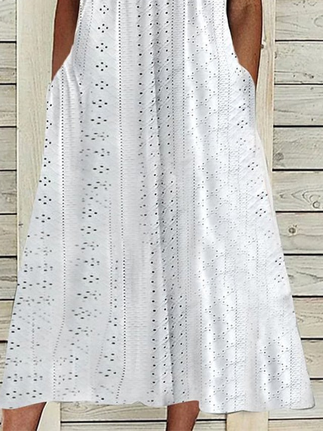 Women's Casual Dress Summer Dress Pleated Dress Plain Lace Ruched V Neck Midi Dress Fashion Elegant Outdoor Daily Short Sleeve Loose Fit White Pink Blue Summer Spring S M L XL XXL - LuckyFash™