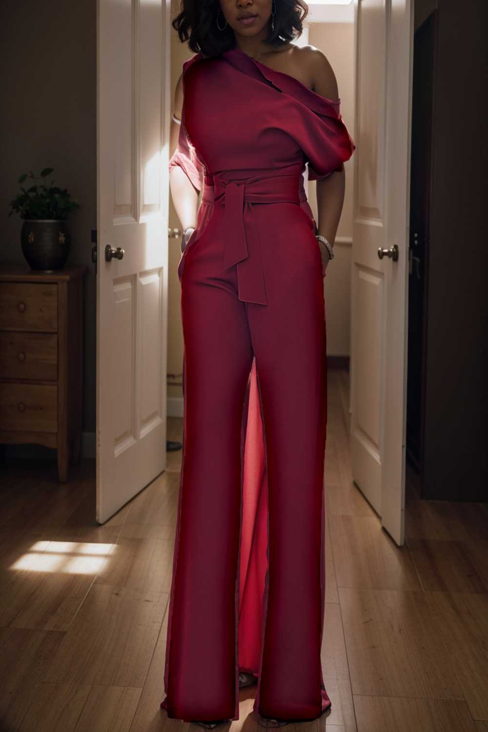 solid color one shoulder short sleeve jumpsuit 111095