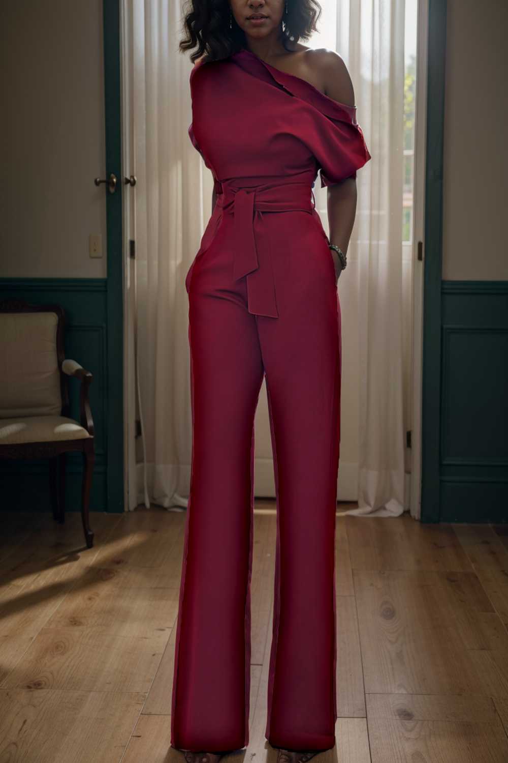 solid color one shoulder short sleeve jumpsuit 112629