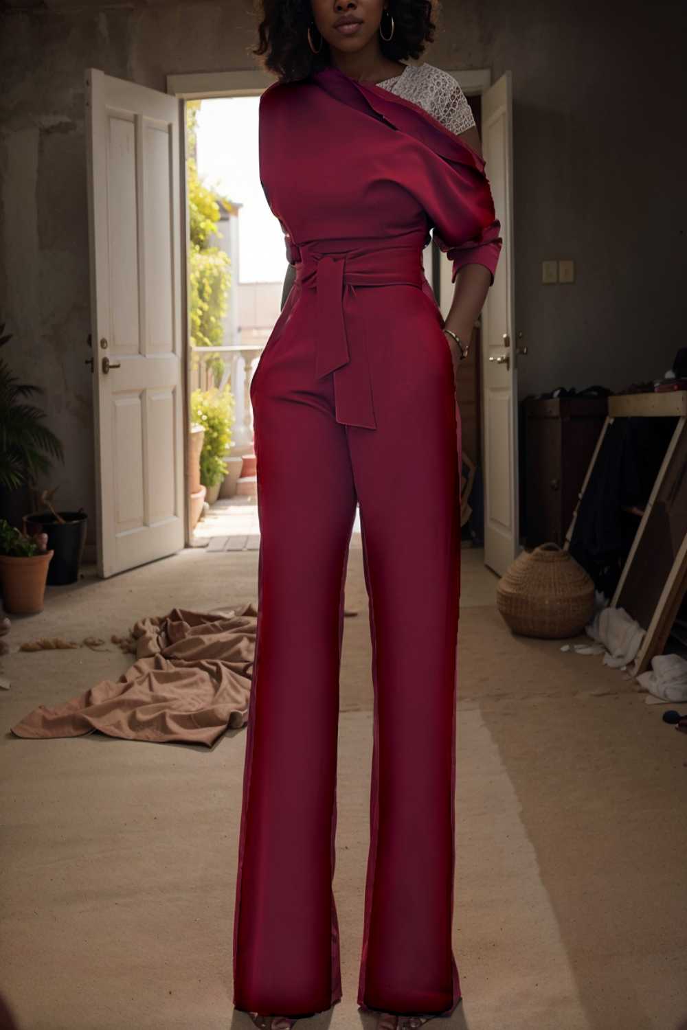 solid color one shoulder short sleeve jumpsuit 112270
