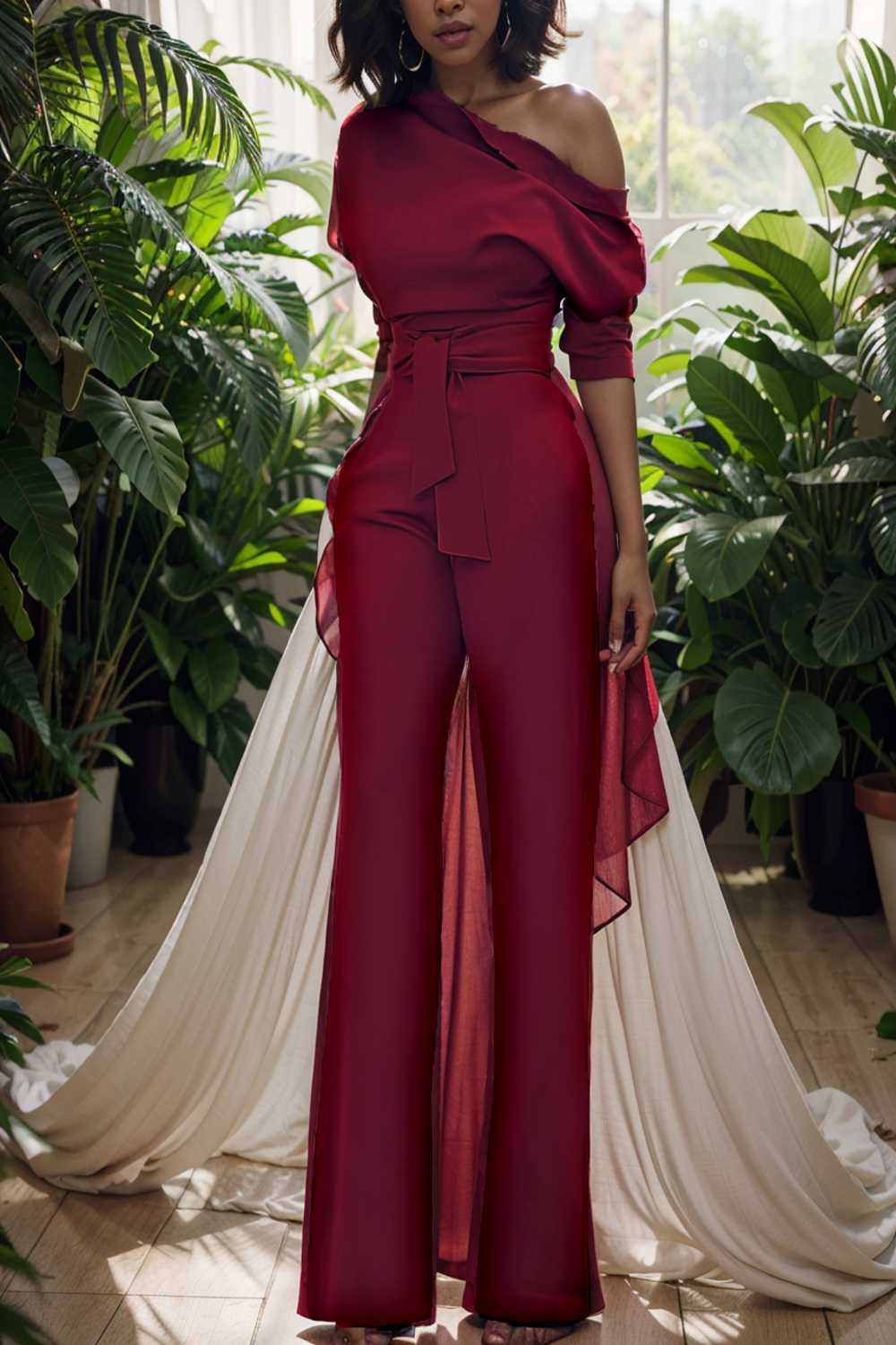 solid color one shoulder short sleeve jumpsuit 112269