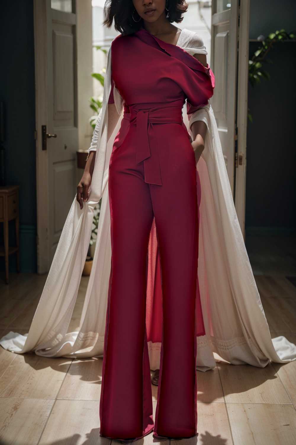 solid color one shoulder short sleeve jumpsuit 112268