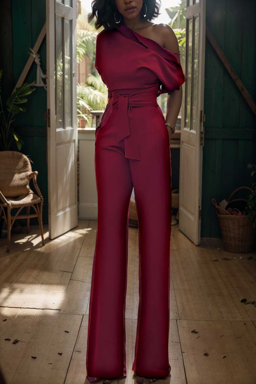 solid color one shoulder short sleeve jumpsuit 112266
