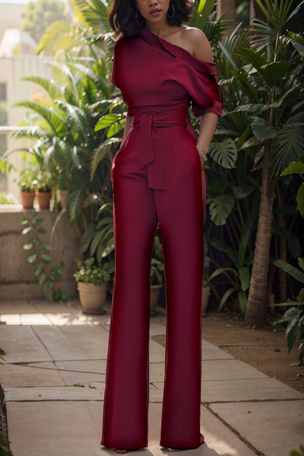 solid color one shoulder short sleeve jumpsuit 112265