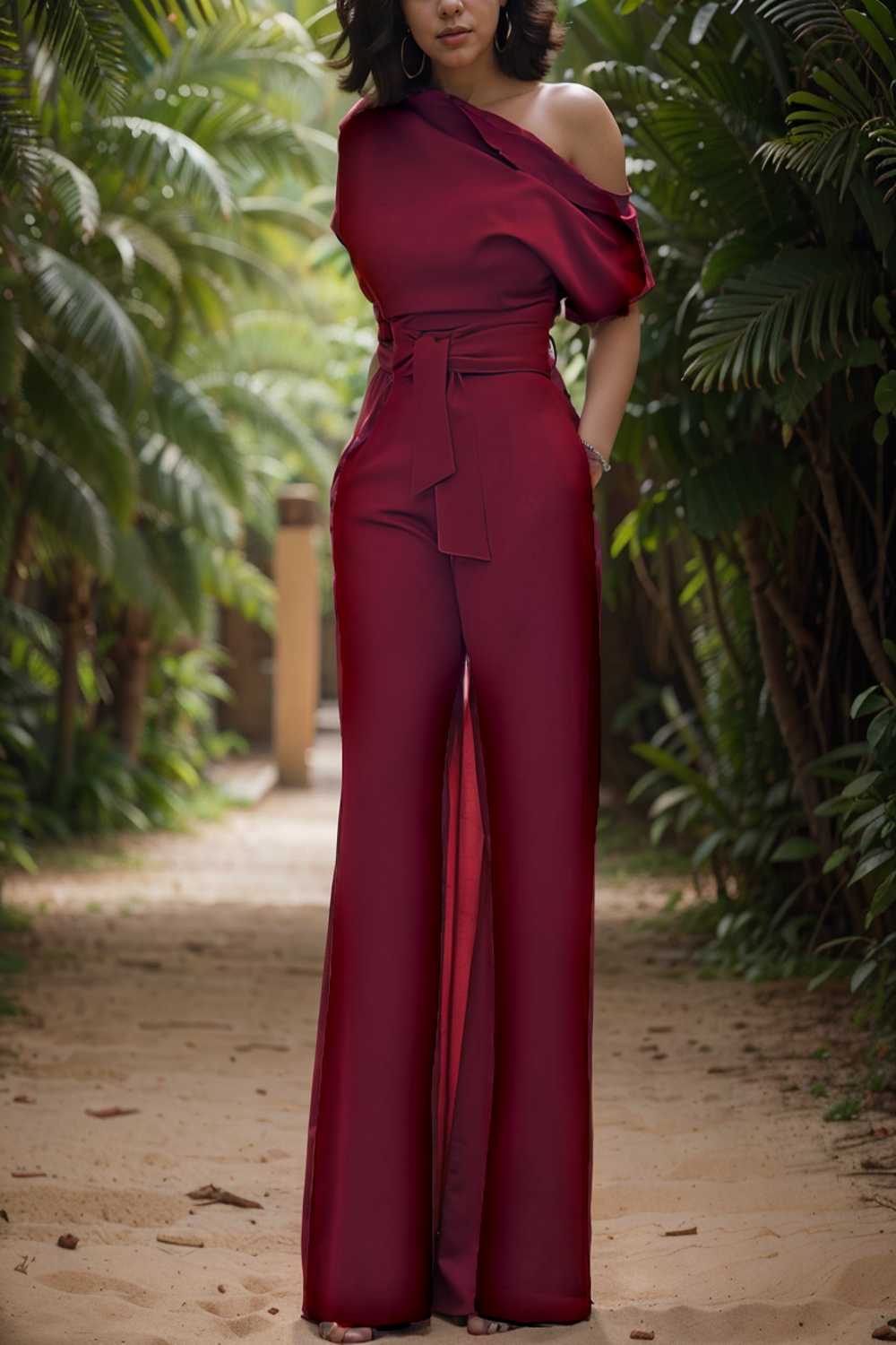 solid color one shoulder short sleeve jumpsuit 112623