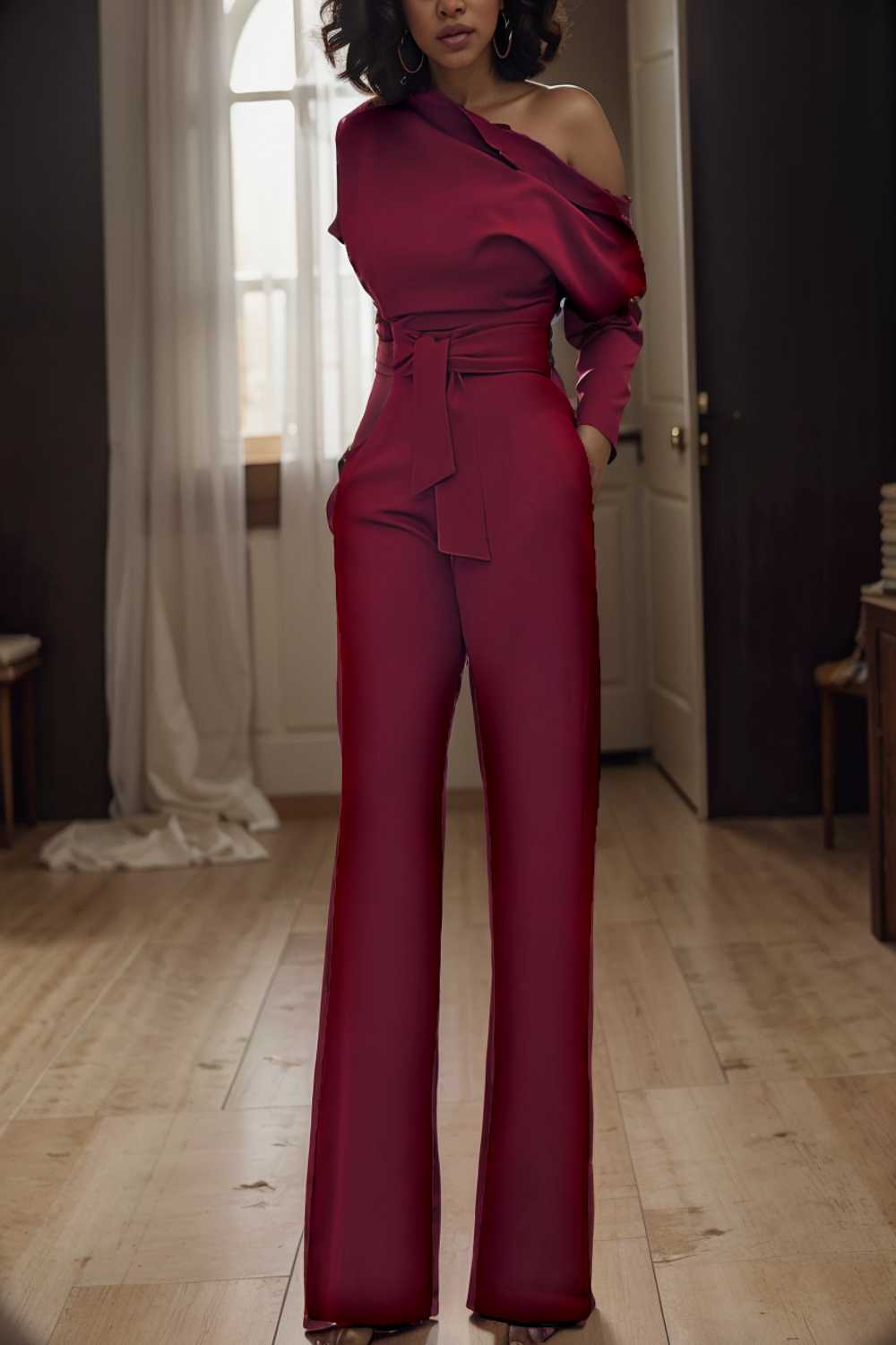 solid color one shoulder short sleeve jumpsuit 112264