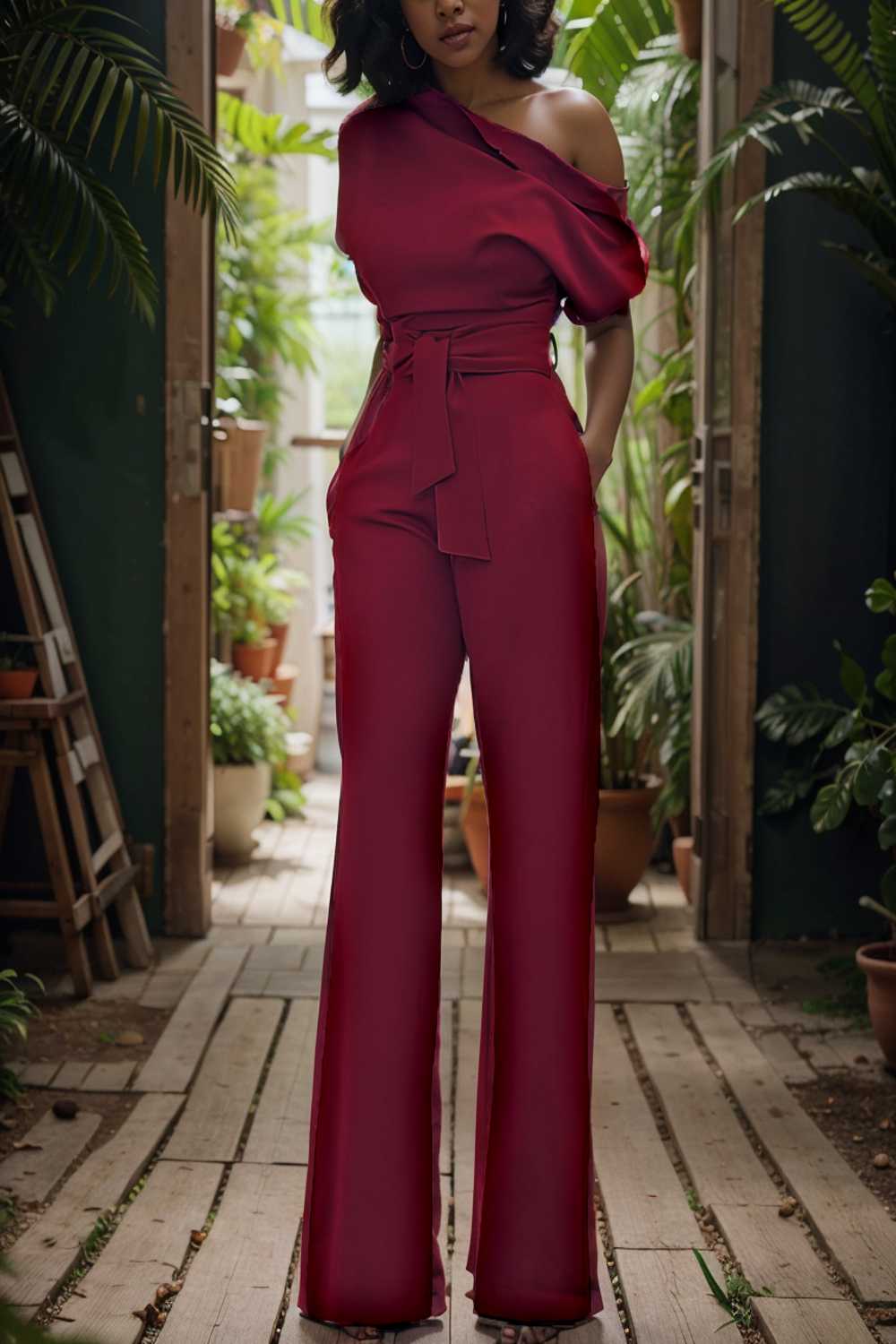 solid color one shoulder short sleeve jumpsuit 112263