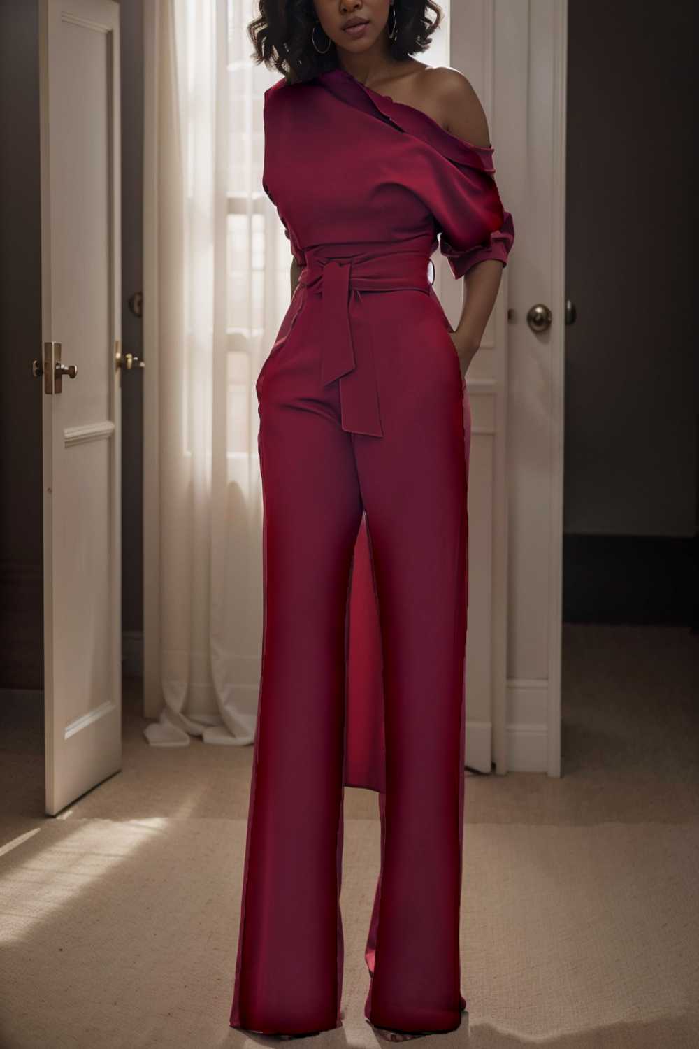 solid color one shoulder short sleeve jumpsuit 112262