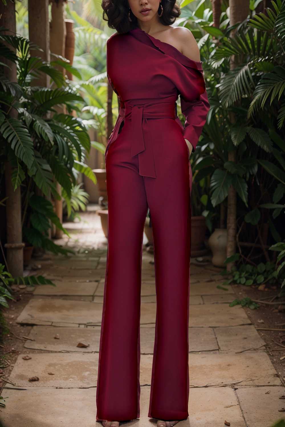 solid color one shoulder short sleeve jumpsuit 112261