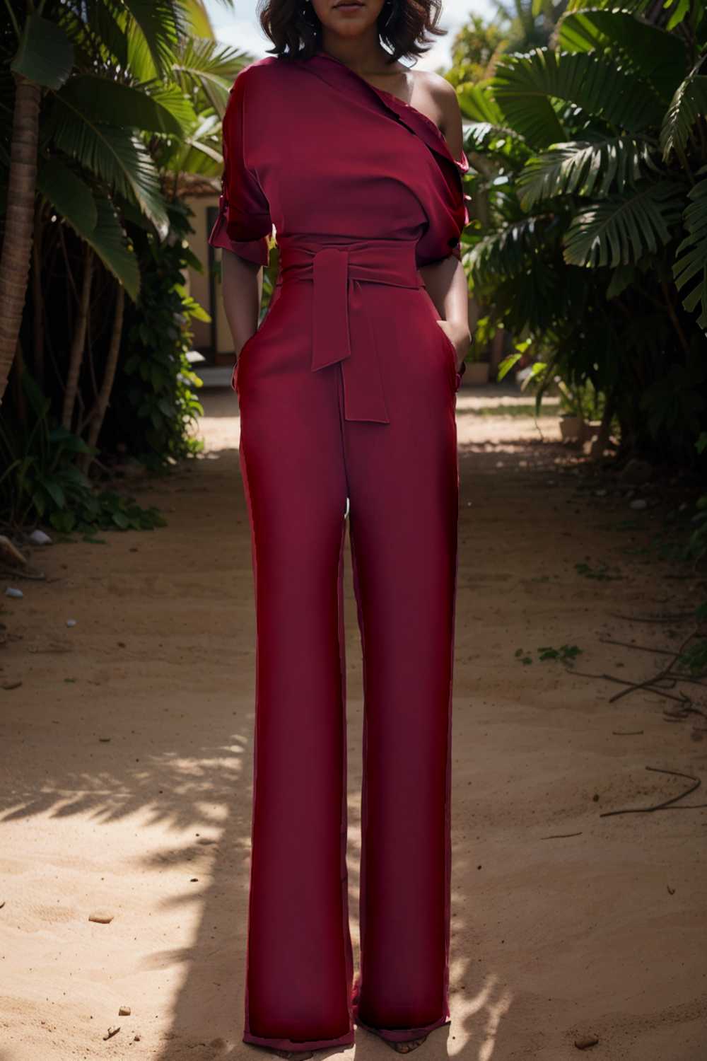 solid color one shoulder short sleeve jumpsuit 112622