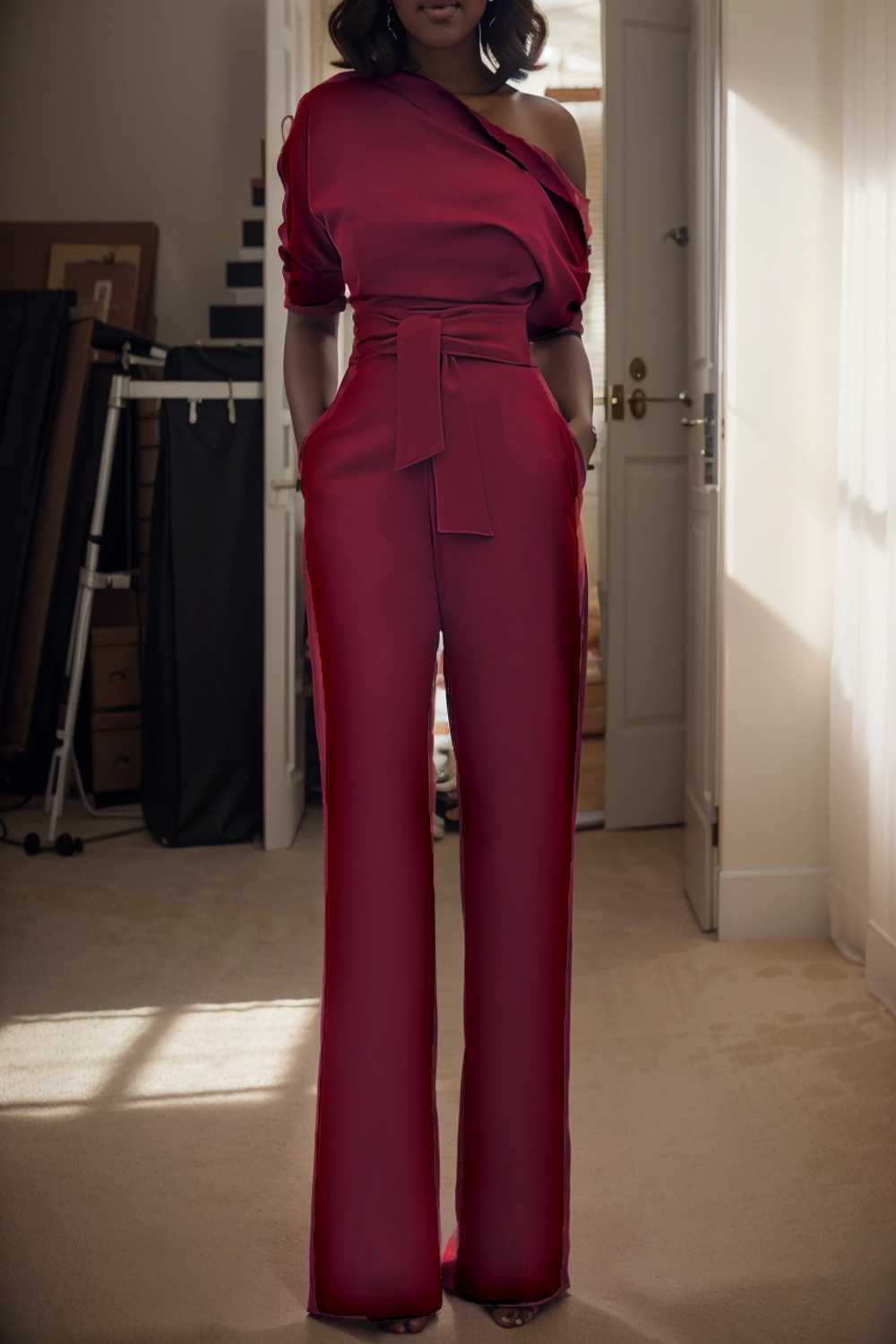 solid color one shoulder short sleeve jumpsuit 111094