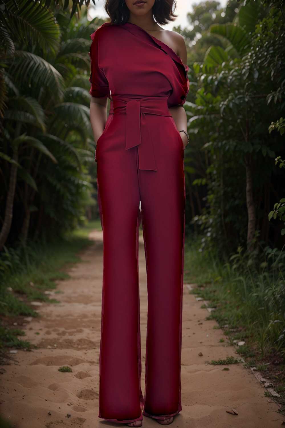 solid color one shoulder short sleeve jumpsuit 112258