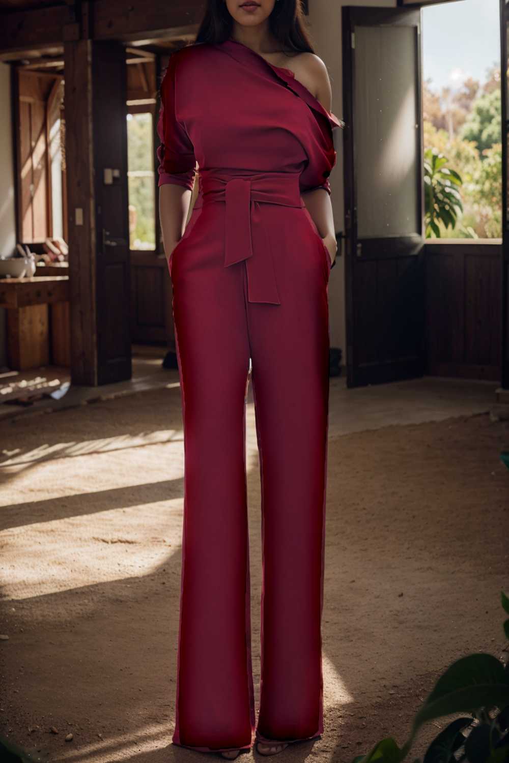 solid color one shoulder short sleeve jumpsuit 112257
