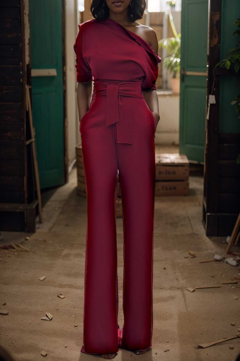 solid color one shoulder short sleeve jumpsuit 112256