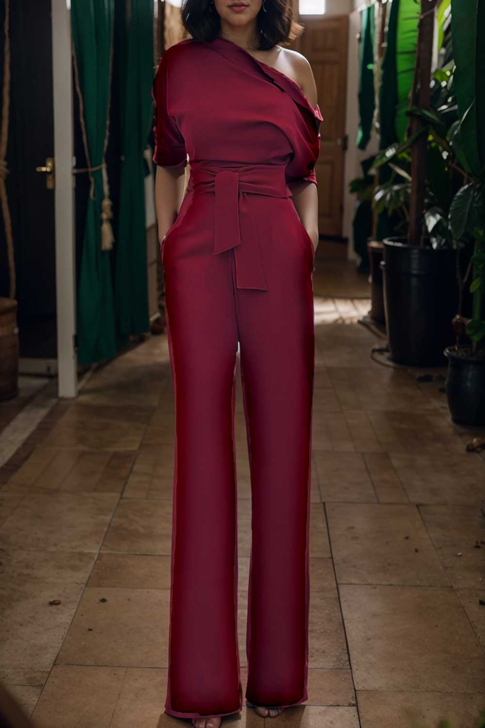 solid color one shoulder short sleeve jumpsuit 112619