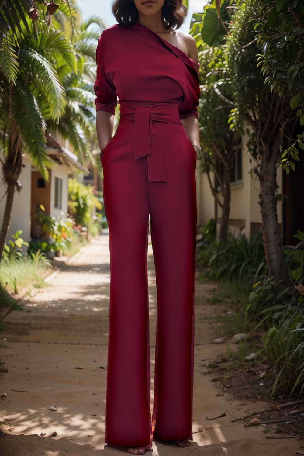 solid color one shoulder short sleeve jumpsuit 112255