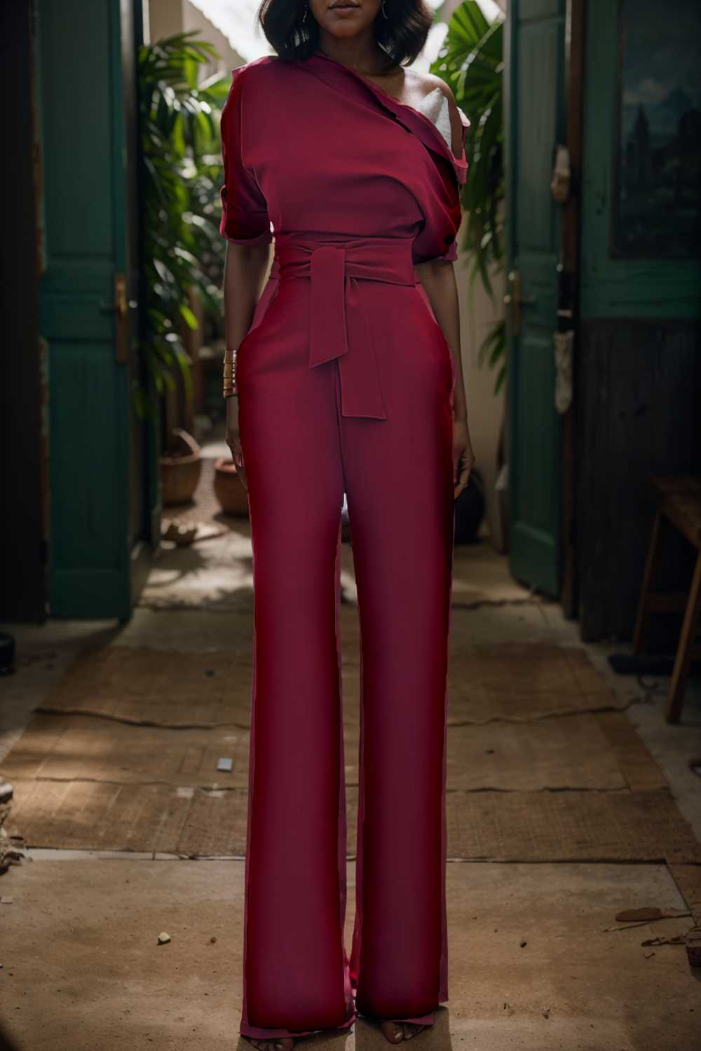 solid color one shoulder short sleeve jumpsuit 112618