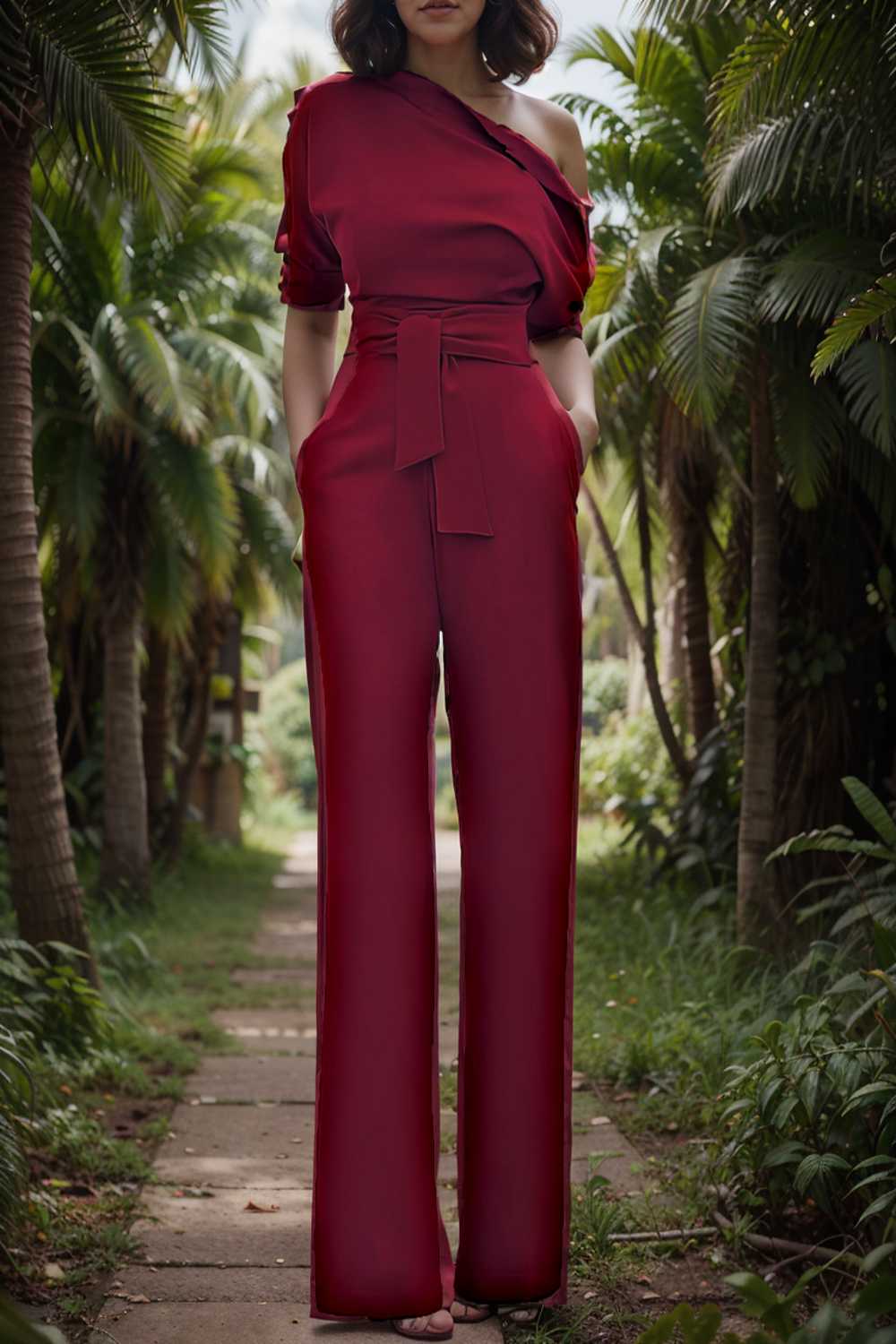 solid color one shoulder short sleeve jumpsuit 112617