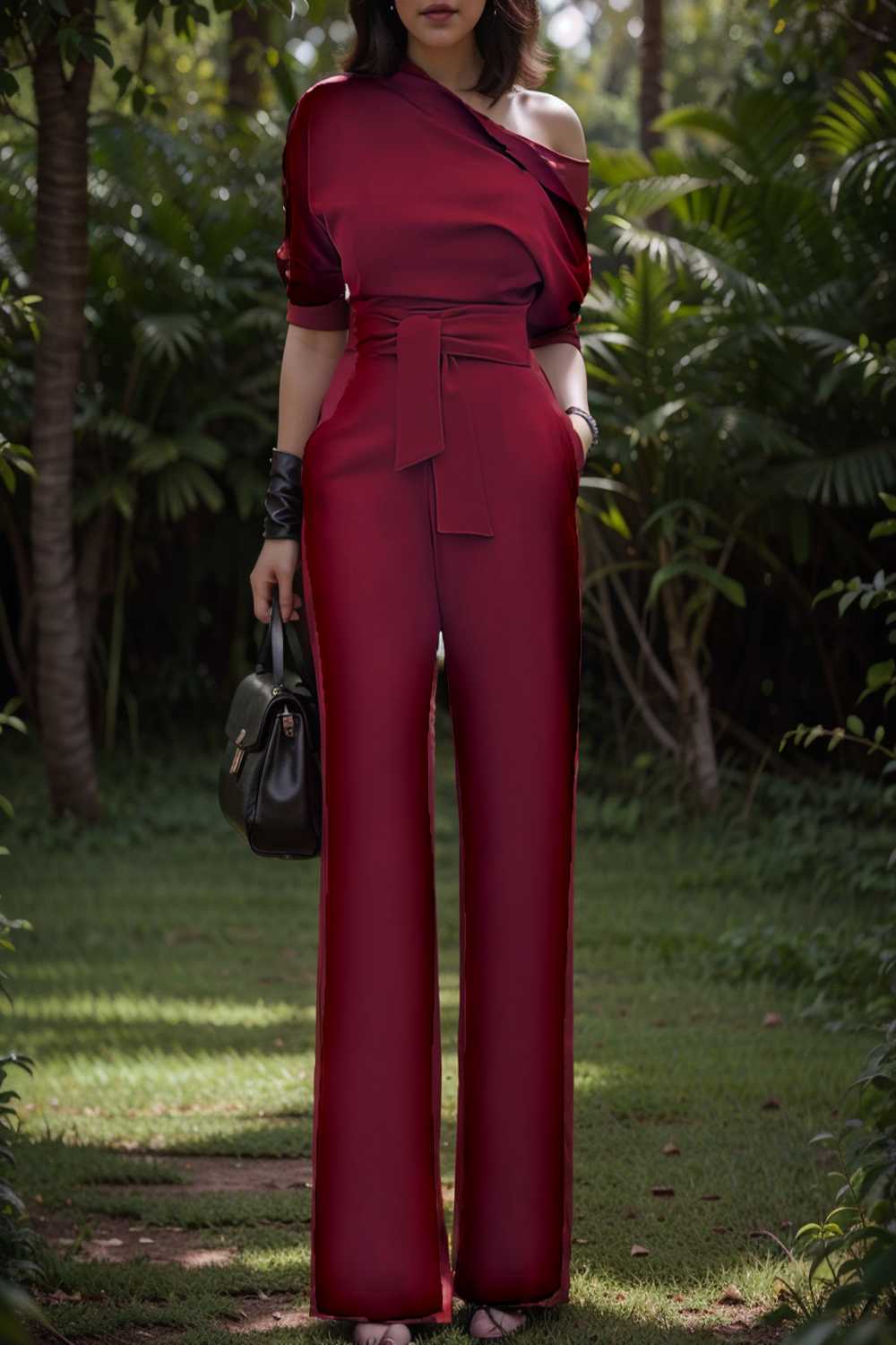 solid color one shoulder short sleeve jumpsuit 112254