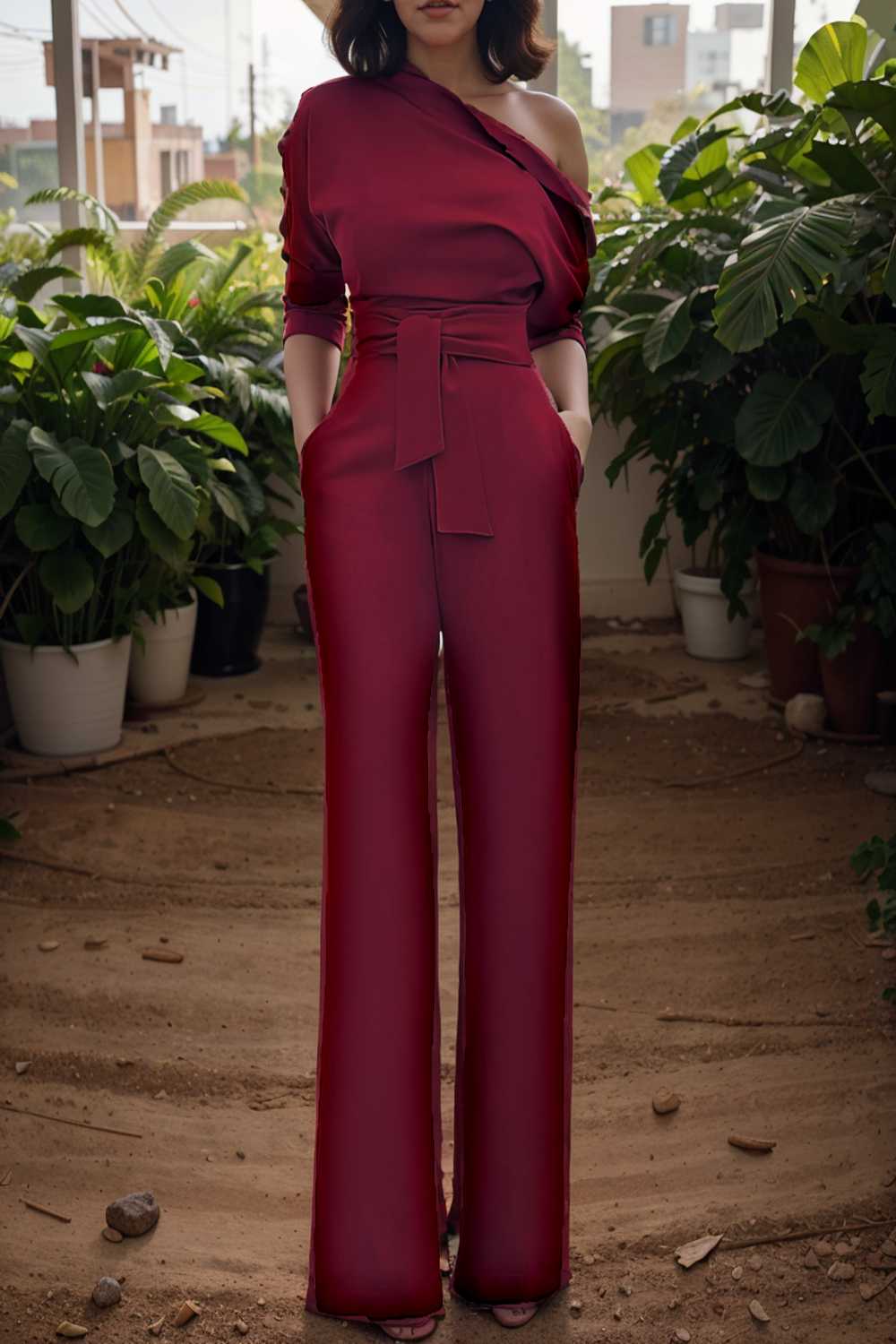 solid color one shoulder short sleeve jumpsuit 112616