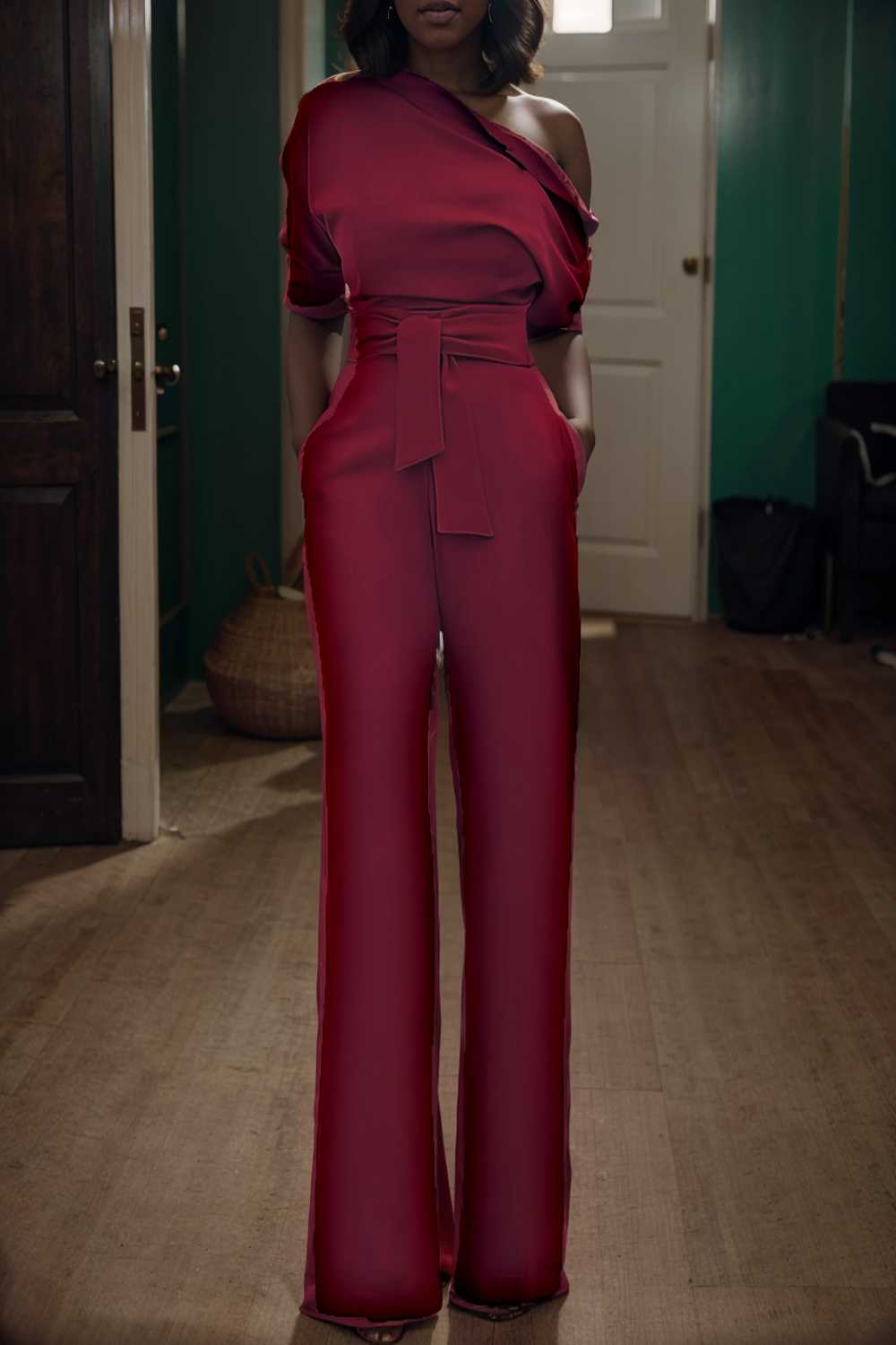 solid color one shoulder short sleeve jumpsuit 112251