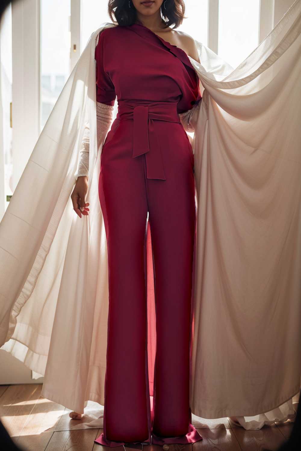 solid color one shoulder short sleeve jumpsuit 112250