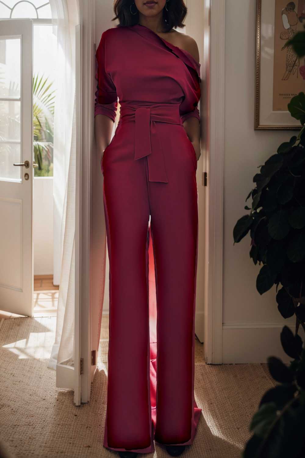 solid color one shoulder short sleeve jumpsuit 112249