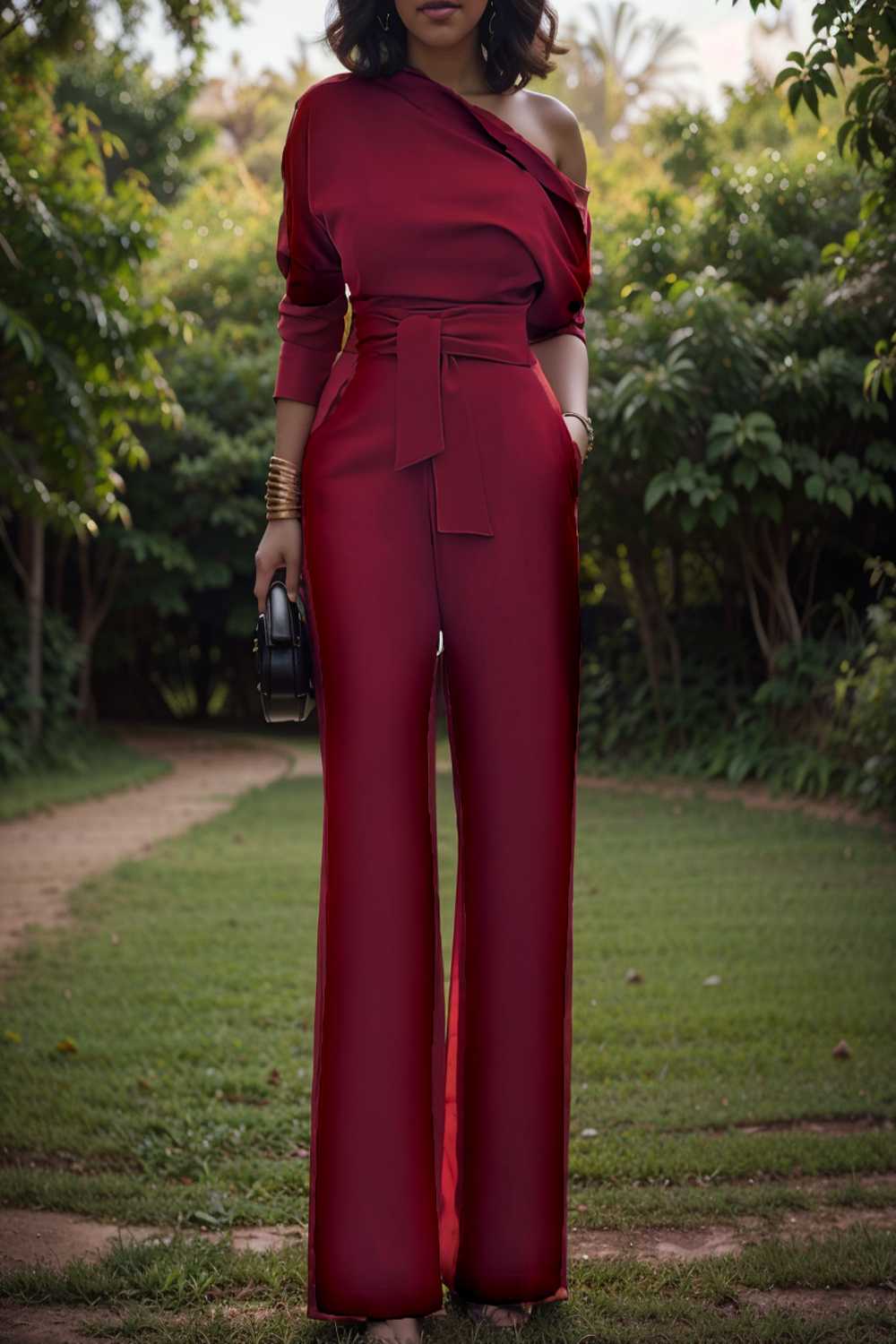 solid color one shoulder short sleeve jumpsuit 112248