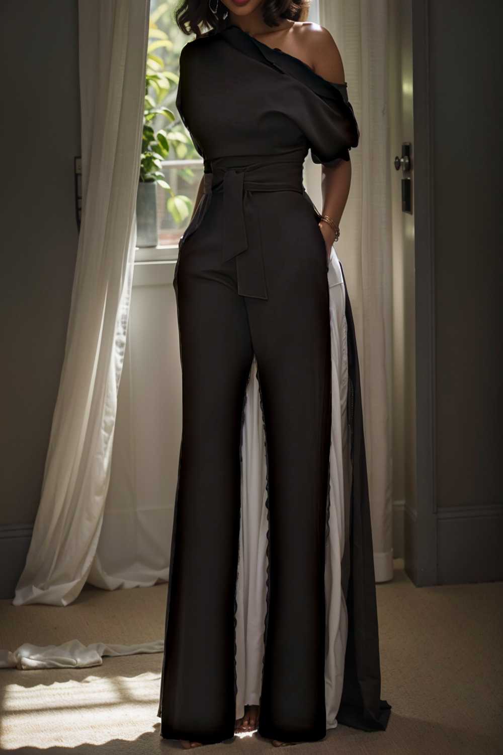 solid color one shoulder short sleeve jumpsuit 112245
