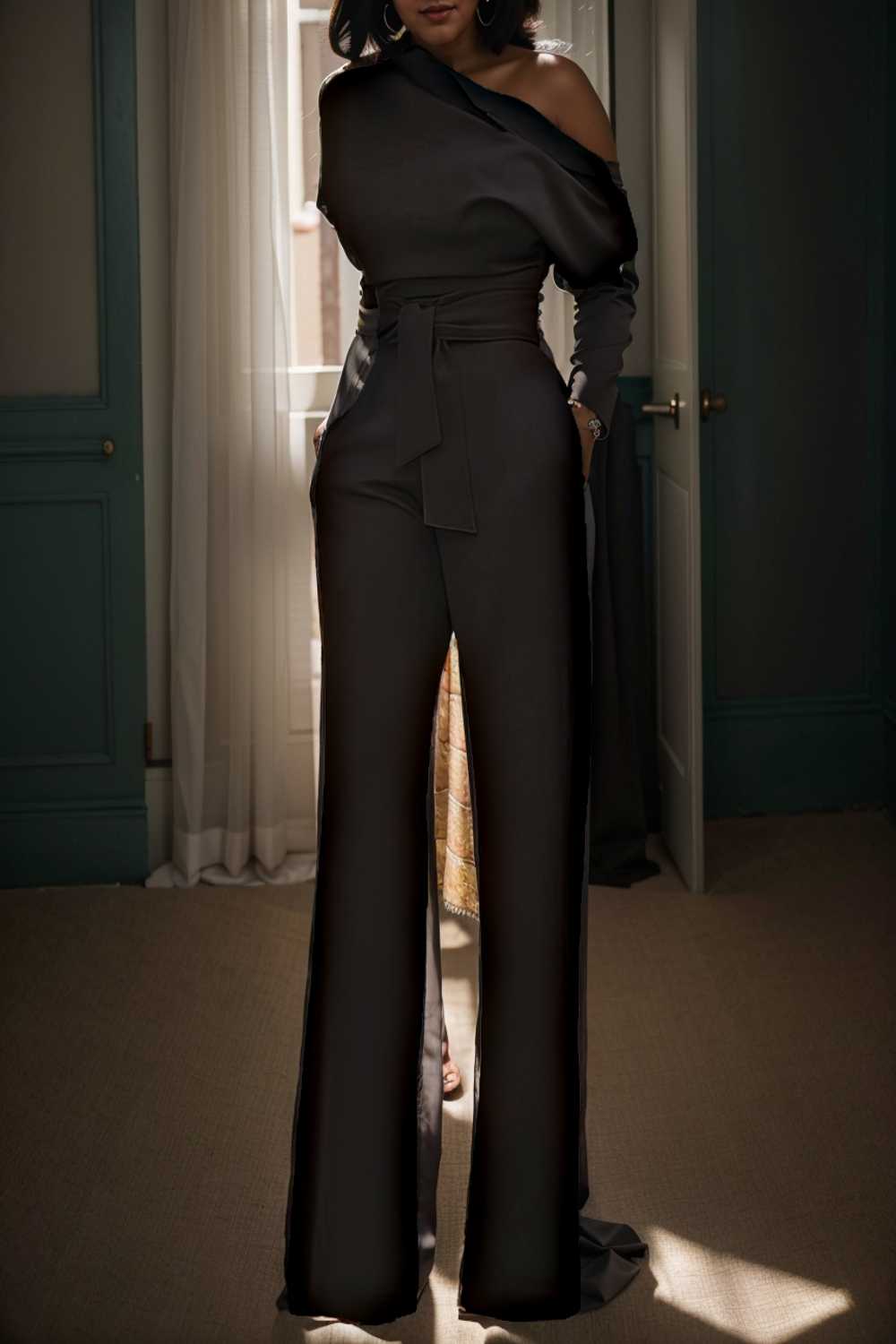 solid color one shoulder short sleeve jumpsuit 112614